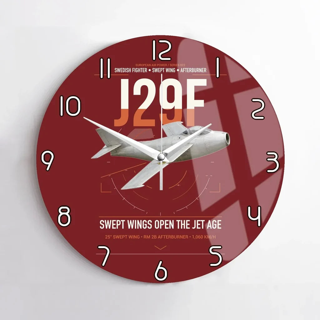 Saab J 29F Tunnan design on dark red no frame wall clock
