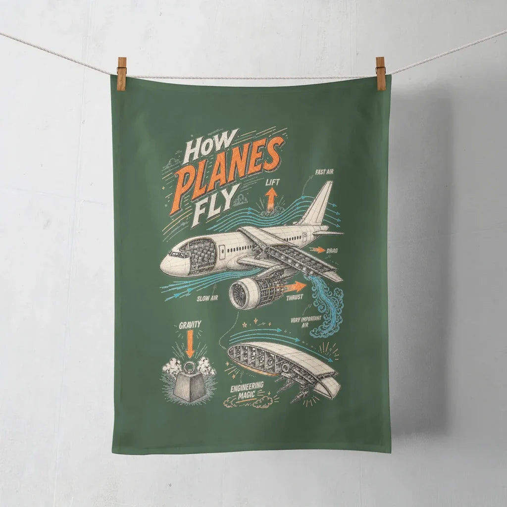 How Planes Fly V2 design on dark green towel