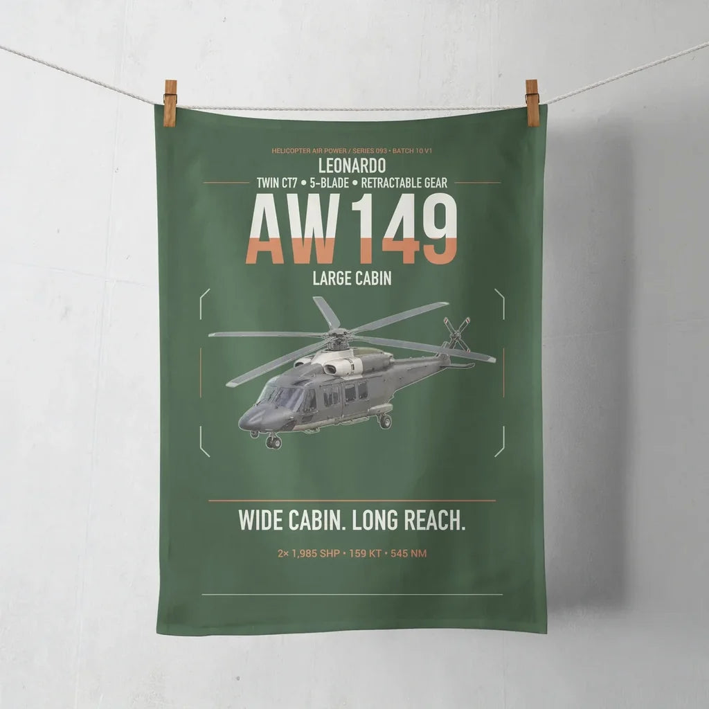 Leonardo AW149 design on dark green towel