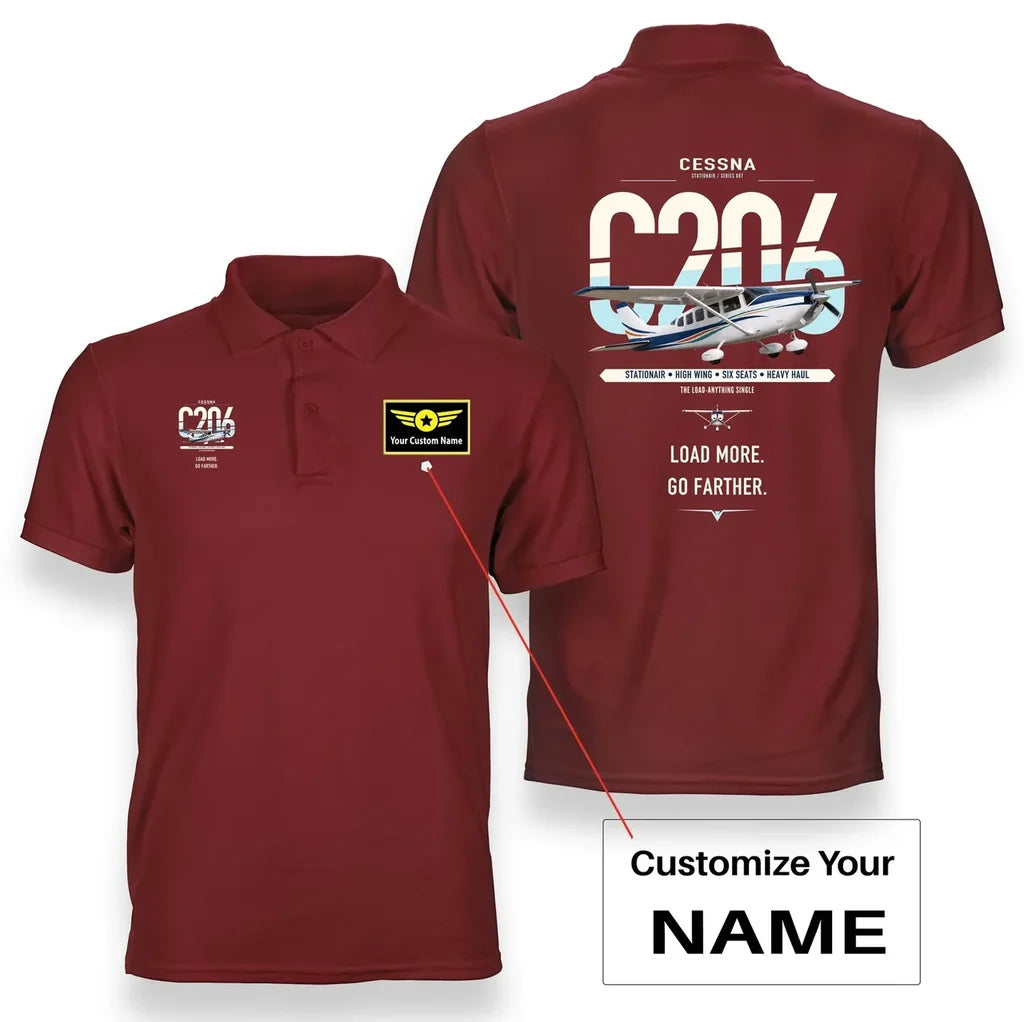 Cessna 206 Stationair design on red+name double-side polo t-shirt, double-side print