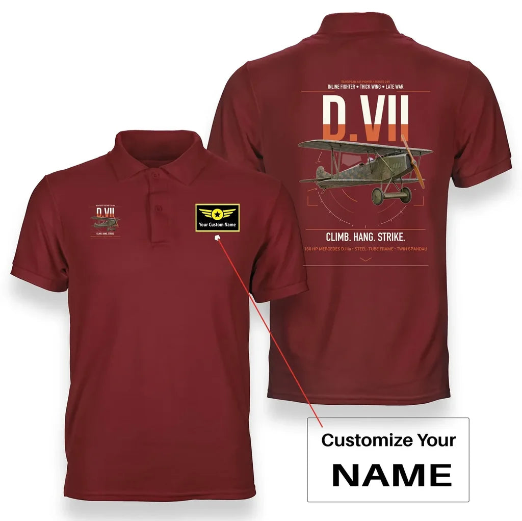 Fokker D.VII design on red+name double-side polo t-shirt, double-side print