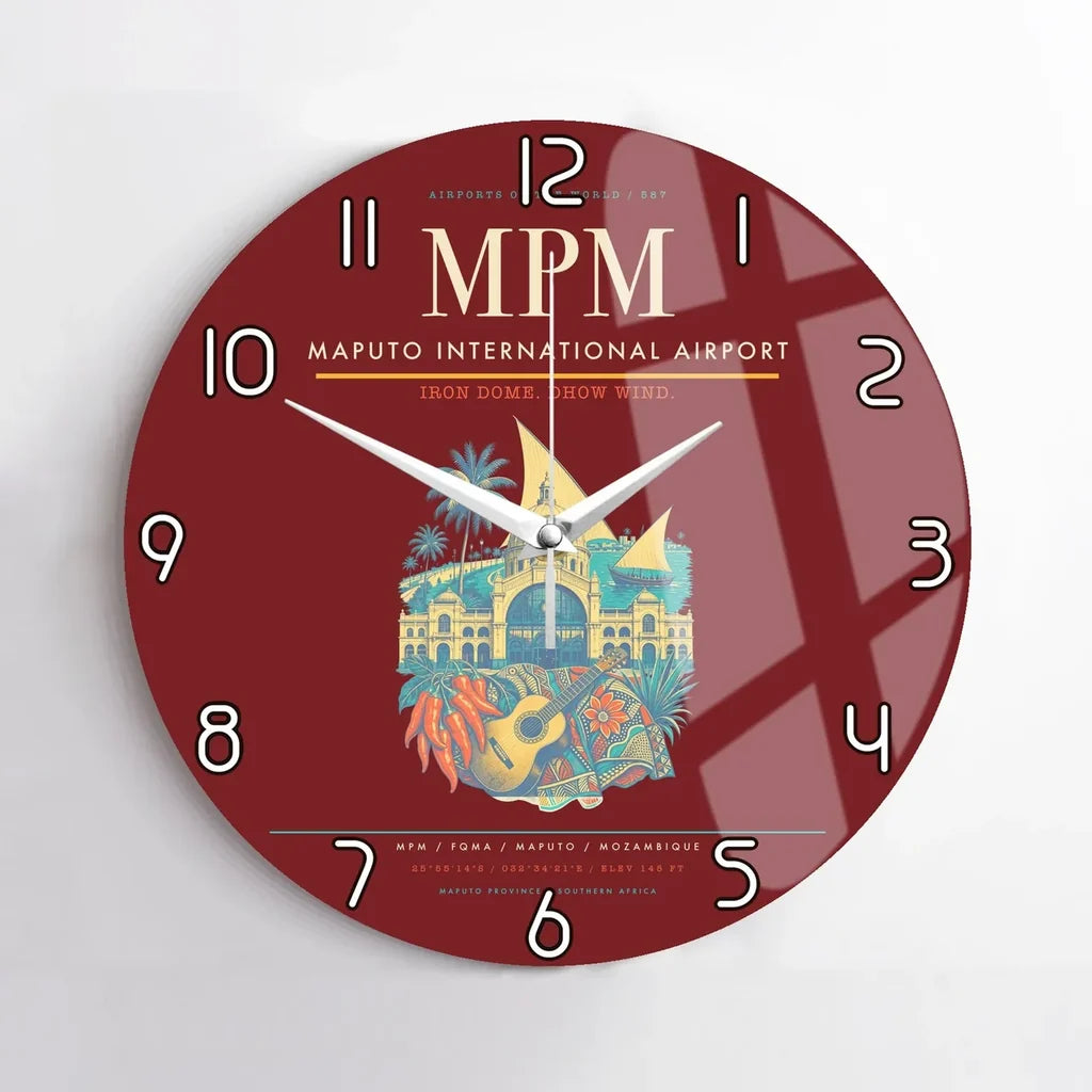 Maputo International Airport (MPM) design on dark red no frame wall clock