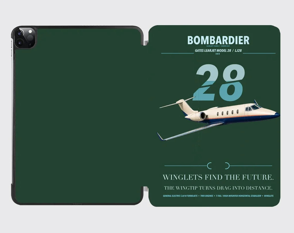 Bombardier Learjet 28 design on dark green ipad tablet case