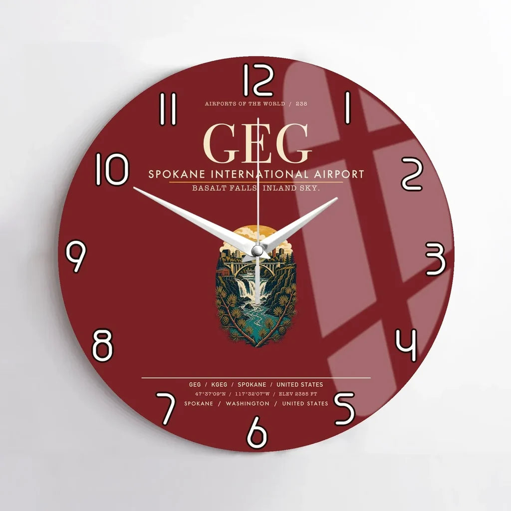 Spokane International Airport (GEG) design on dark red no frame wall clock