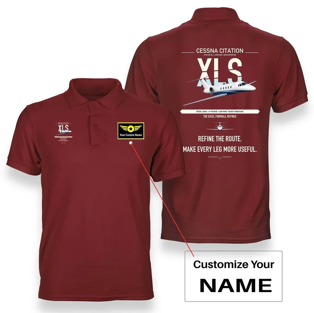 Cessna Citation XLS design on red+name double-side polo t-shirt, double-side print