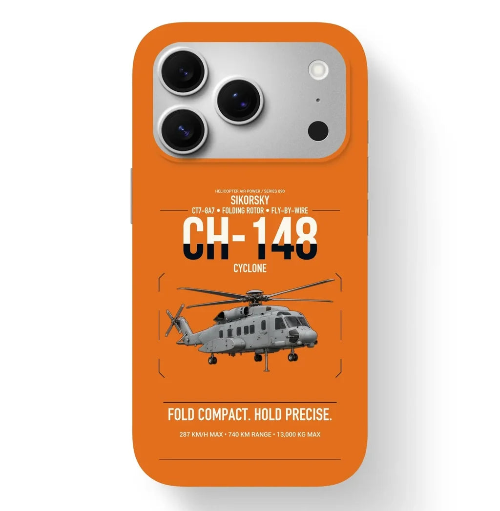 Sikorsky CH-148 Cyclone design on orange magsafe iphone case, for iPhone 17 Pro