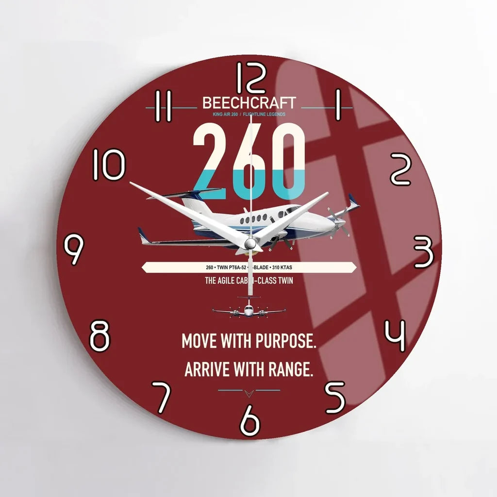 Beechcraft King Air 260 design on dark red no frame wall clock
