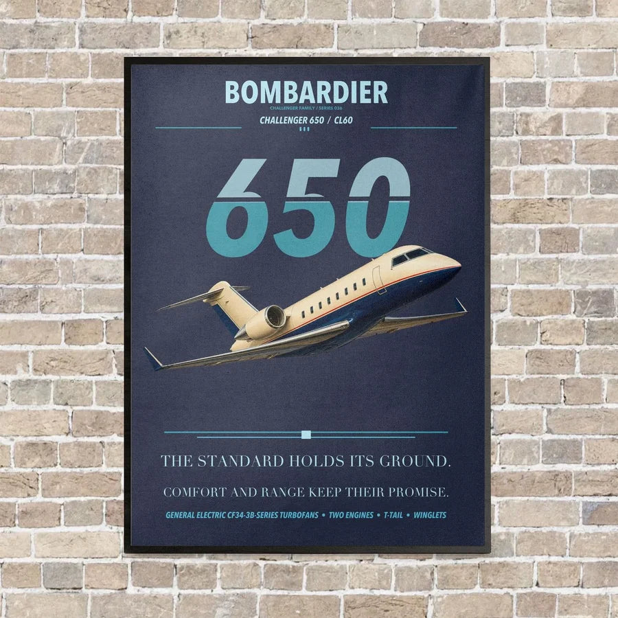 Bombardier Challenger 650 vertical canvas print - framed - navy blue background