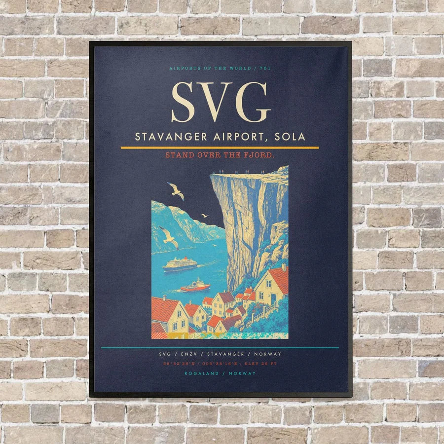 Stavanger Airport, Sola SVG vertical canvas print - framed - navy blue background