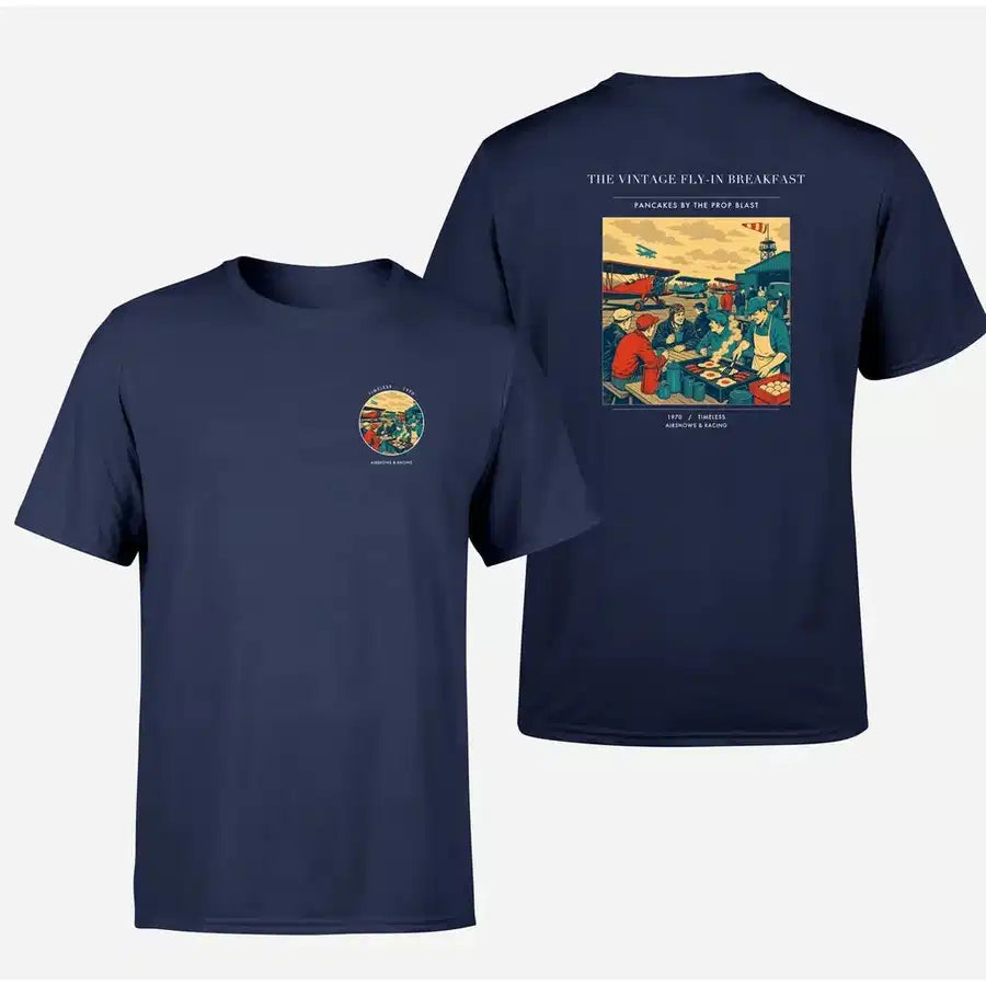 VINTAGE G4487 - The Vintage Fly-In Breakfast - Double-Side T-Shirt design on navyblue double side t shirt