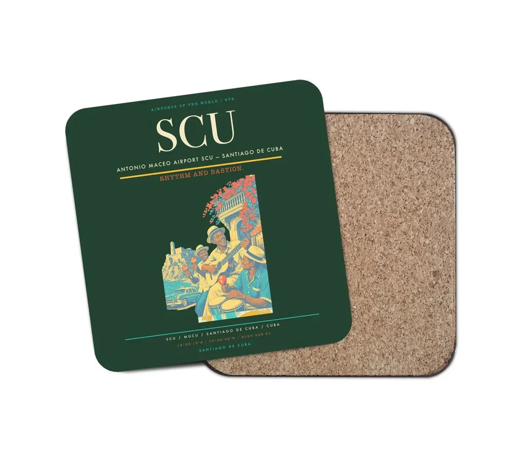 Antonio Maceo Airport (SCU) design on dark green 1 piece coaster