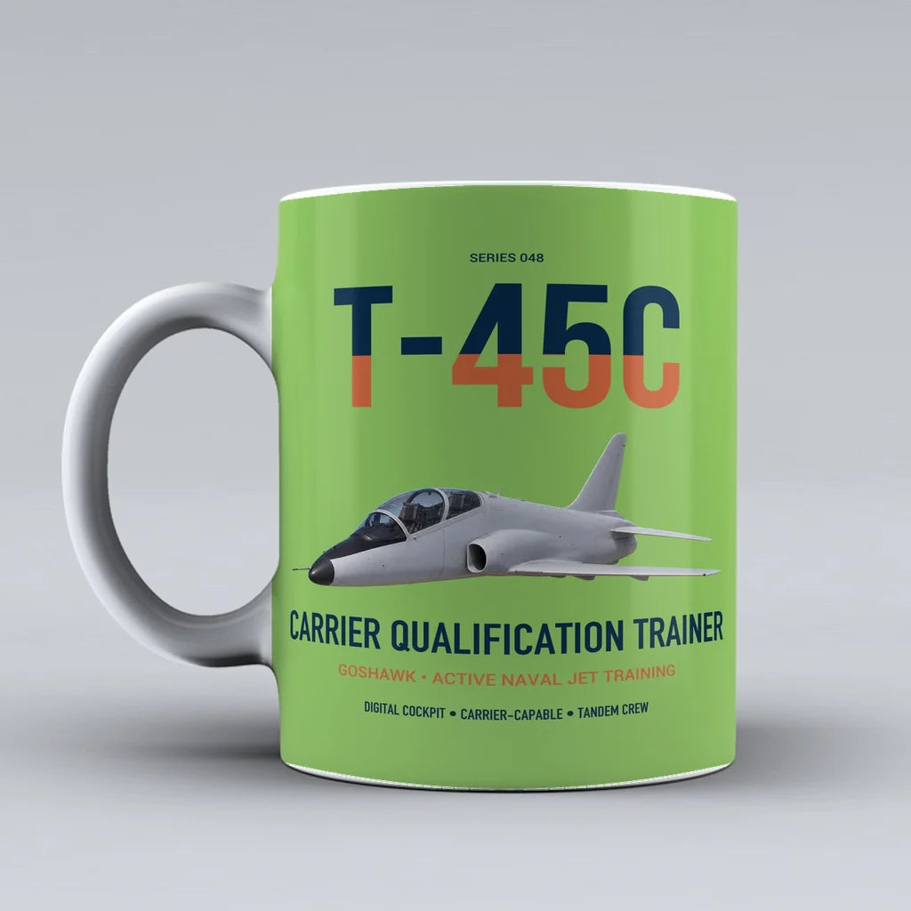 T-45C Goshawk design on light green ceramic mug, double-side print