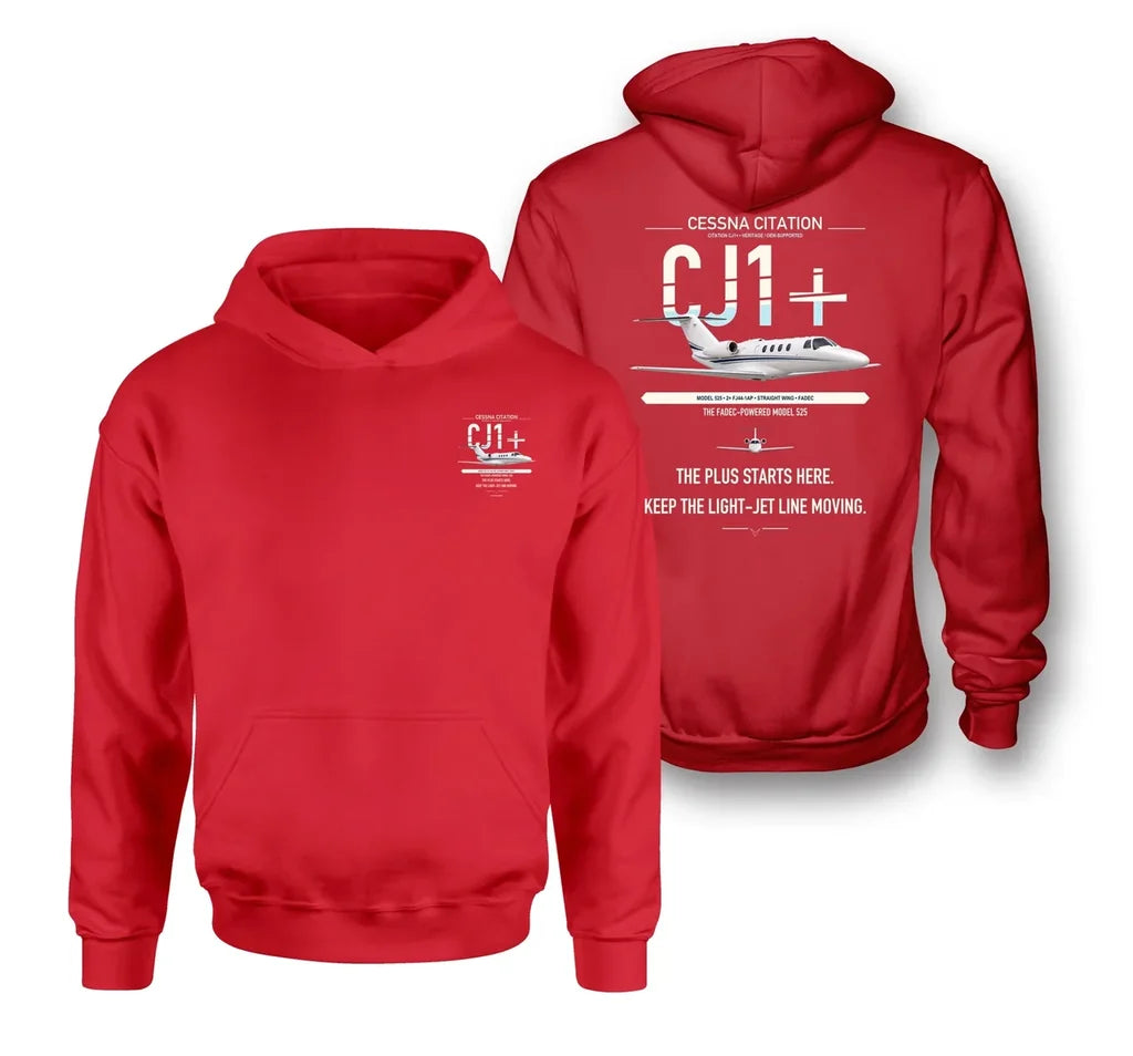 Cessna Citation CJ1+ design on red double-side hoodie, double-side print