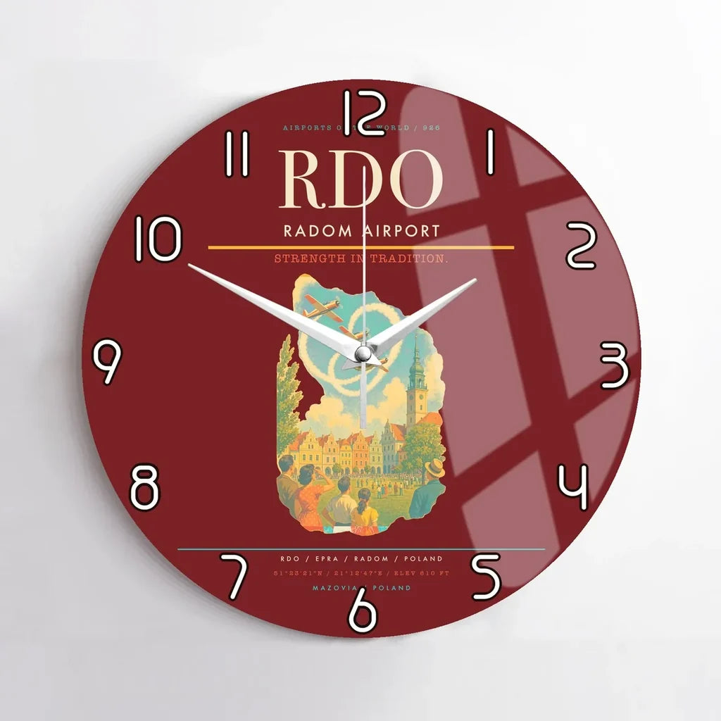 Radom Airport (RDO) design on dark red no frame wall clock