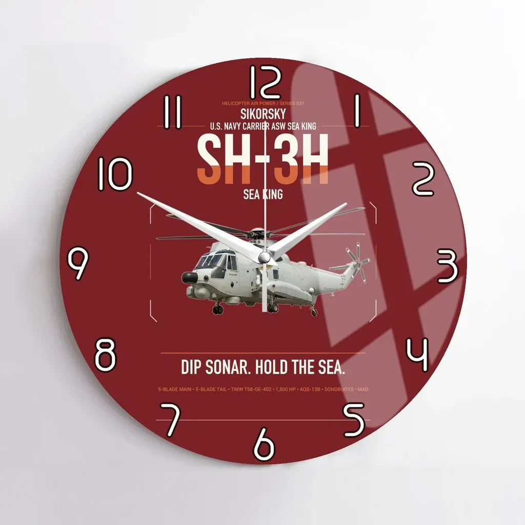 Sikorsky SH-3H Sea King design on dark red no frame wall clock