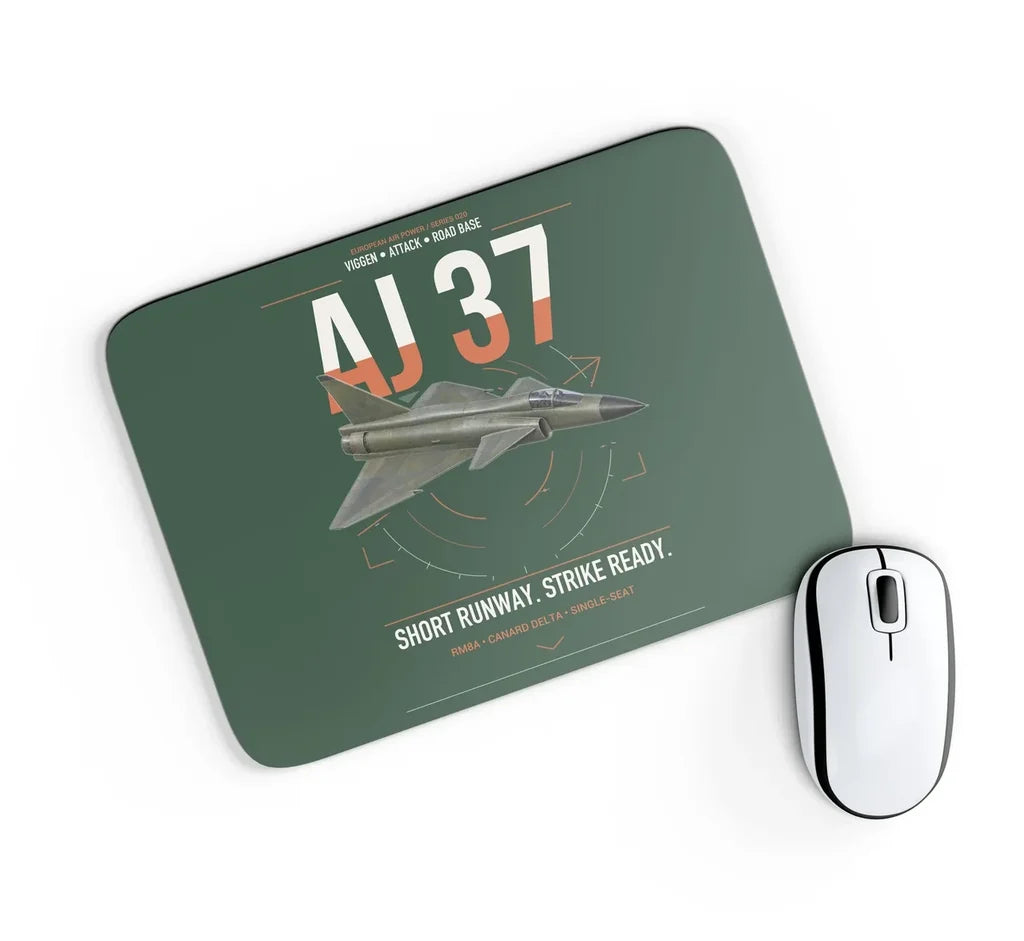 Saab AJ 37 Viggen design on dark green rectangle mouse pad