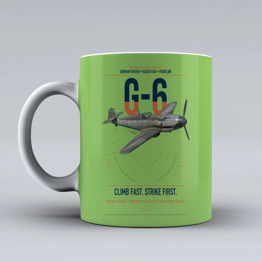 Messerschmitt Bf 109G-6 design on light green ceramic mug, double-side print