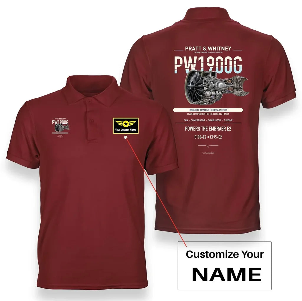 PW1900G design on red polo with custom name badge