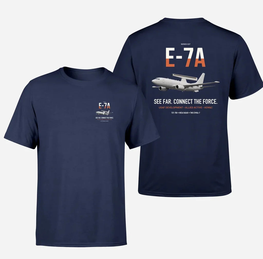 E-7A Wedgetail design on navy blue double-side t-shirt, double-side print