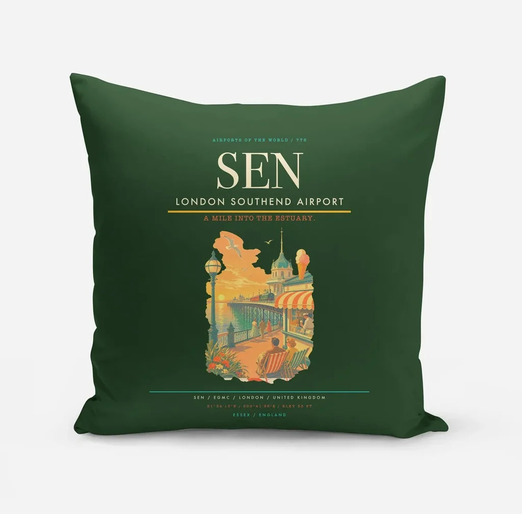 London Southend Airport (SEN) design on dark green pillow