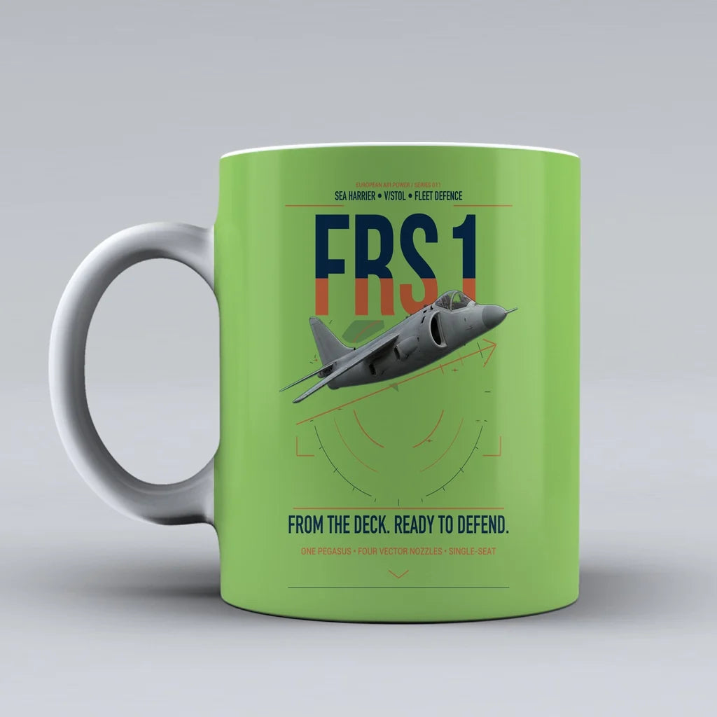 British Aerospace Sea Harrier FRS.1 design on light green ceramic mug, double-side print