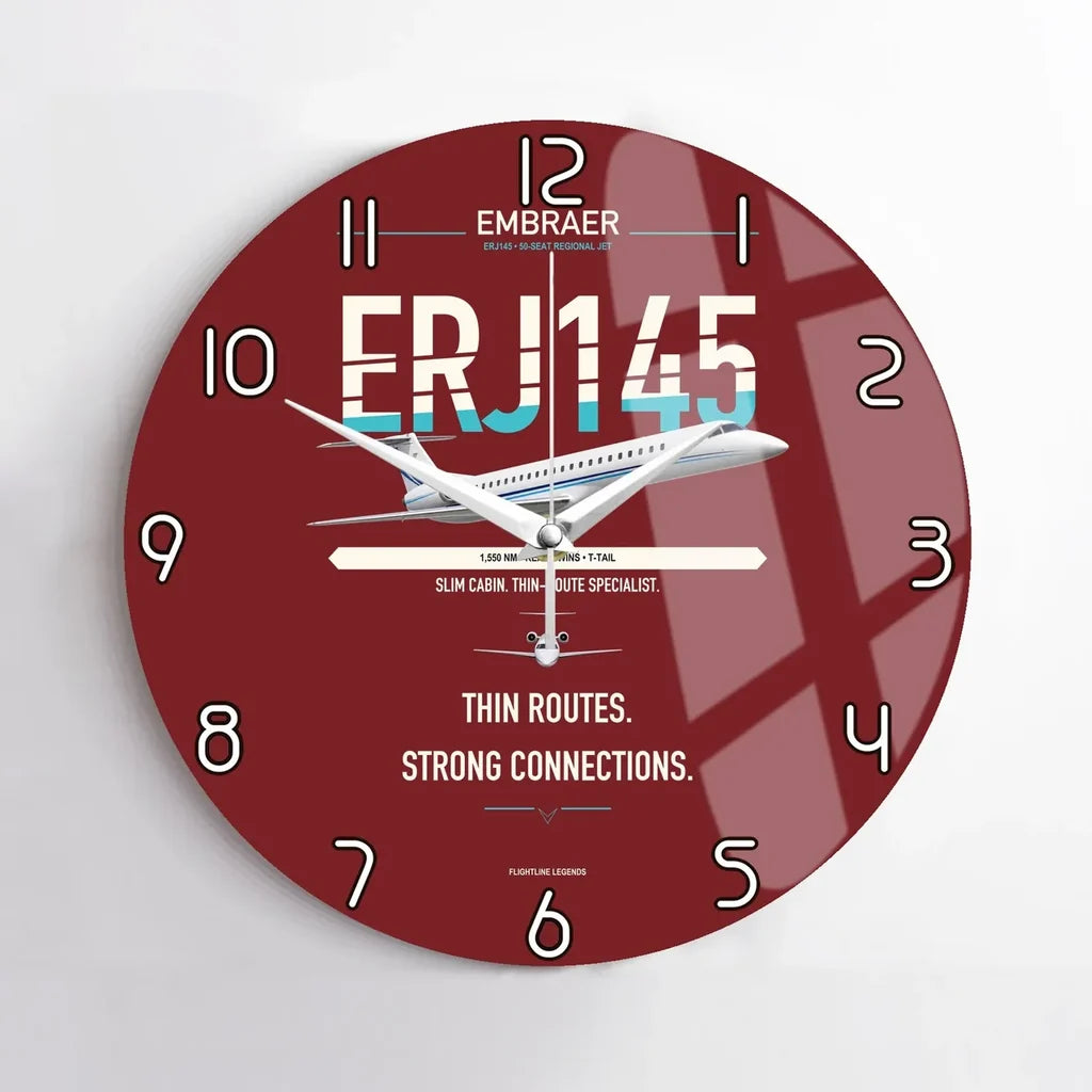 Embraer ERJ145 design on dark red no frame wall clock
