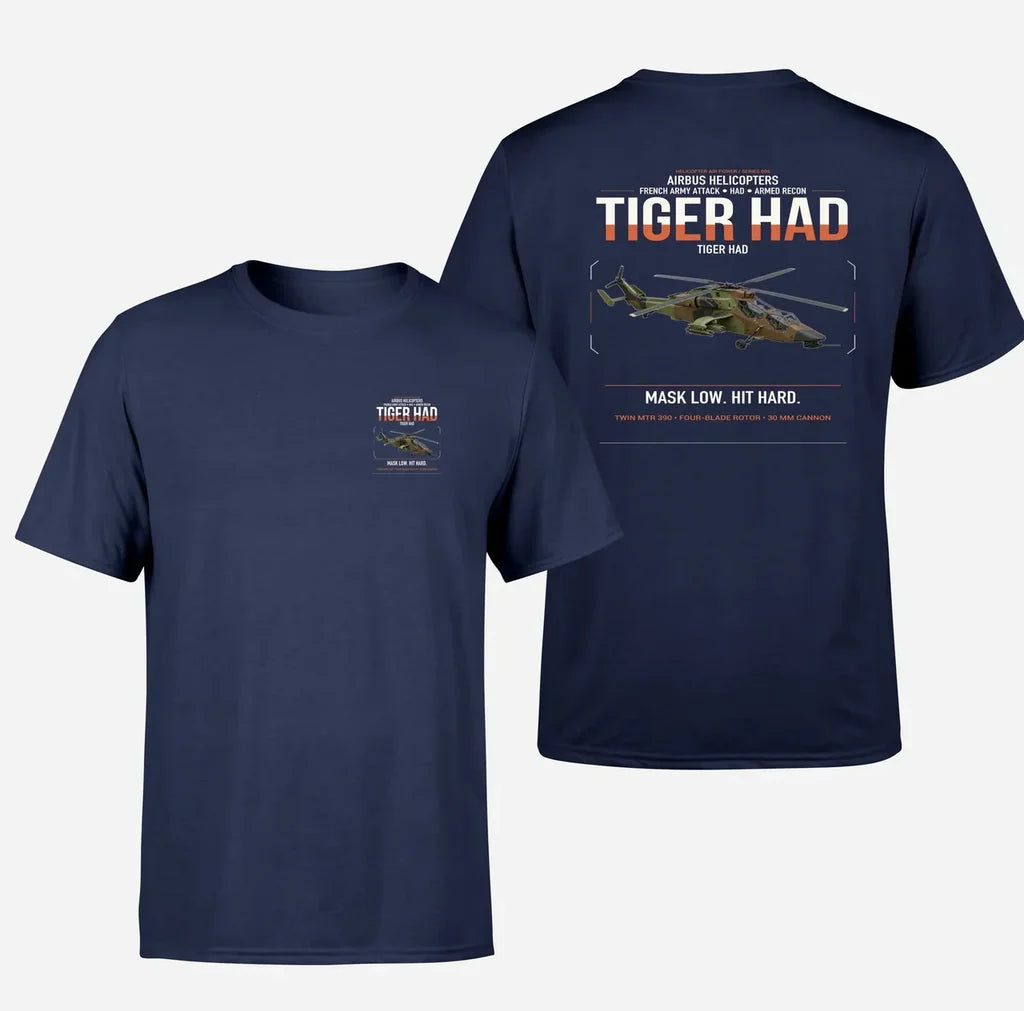 Airbus Helicopters Tiger HAD design on navy blue t-shirt, double-side print