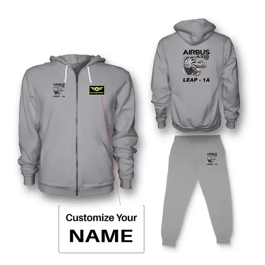 Airbus A320neo & Leap 1A Zipped Hoodie - Gray + Name (Customizable)