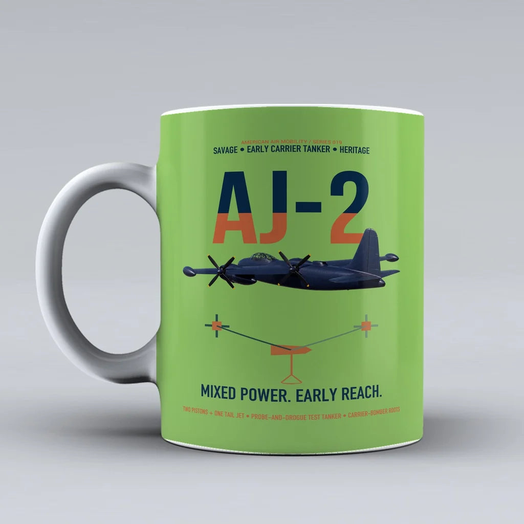 AJ-2 Savage Tanker design on light green ceramic mug, double-side print