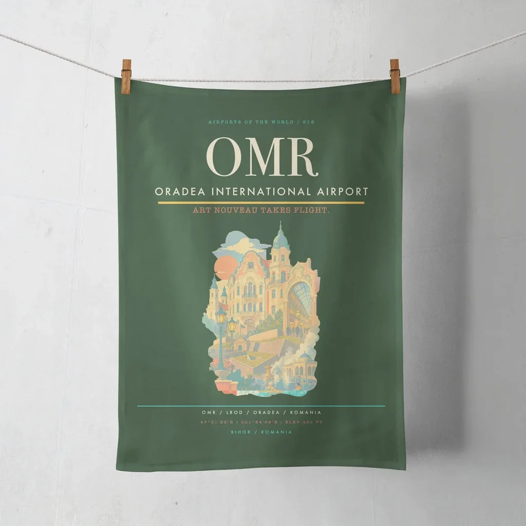 Oradea International Airport (OMR) design on dark green towel