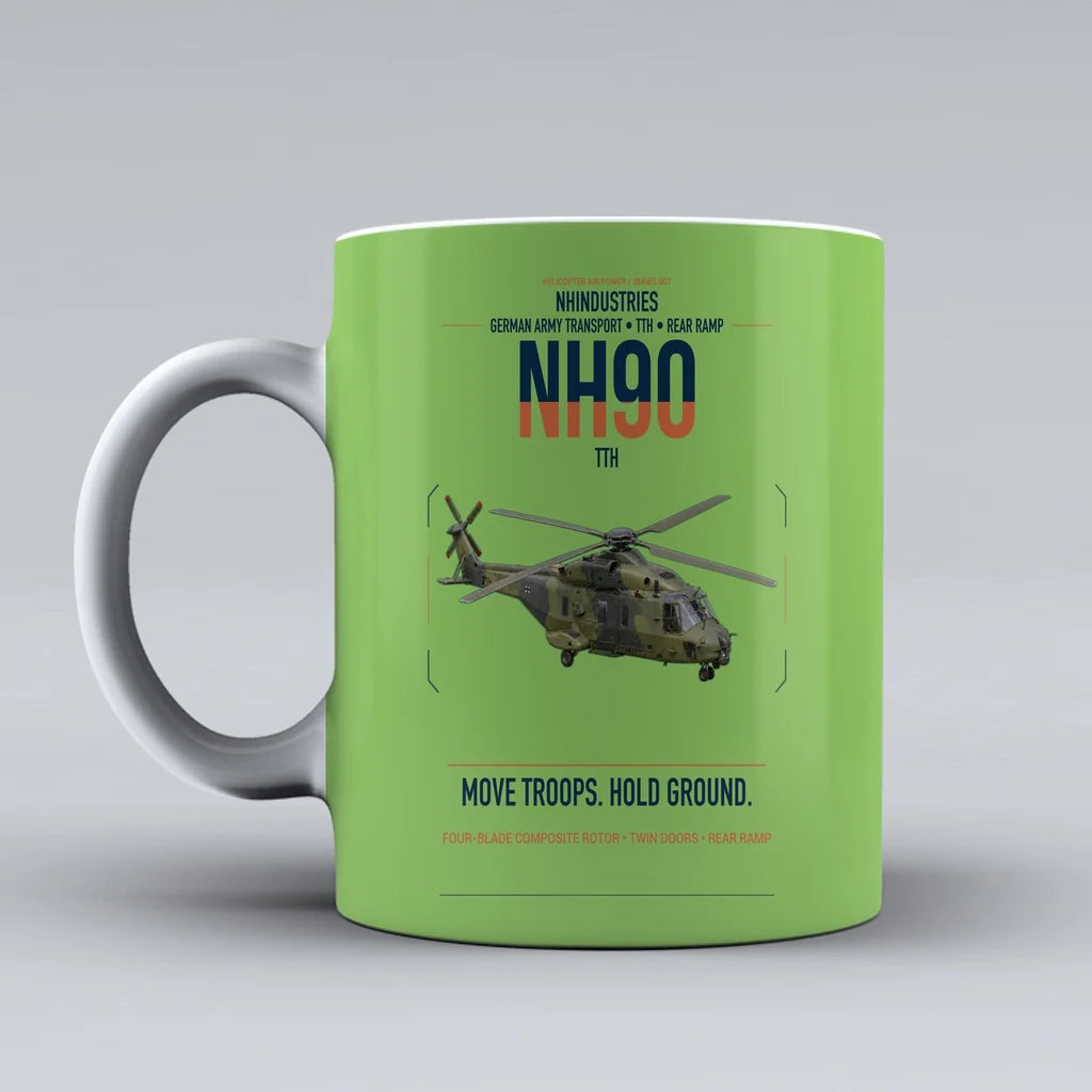 NHIndustries NH90 TTH design on light green ceramic mug, double-side print