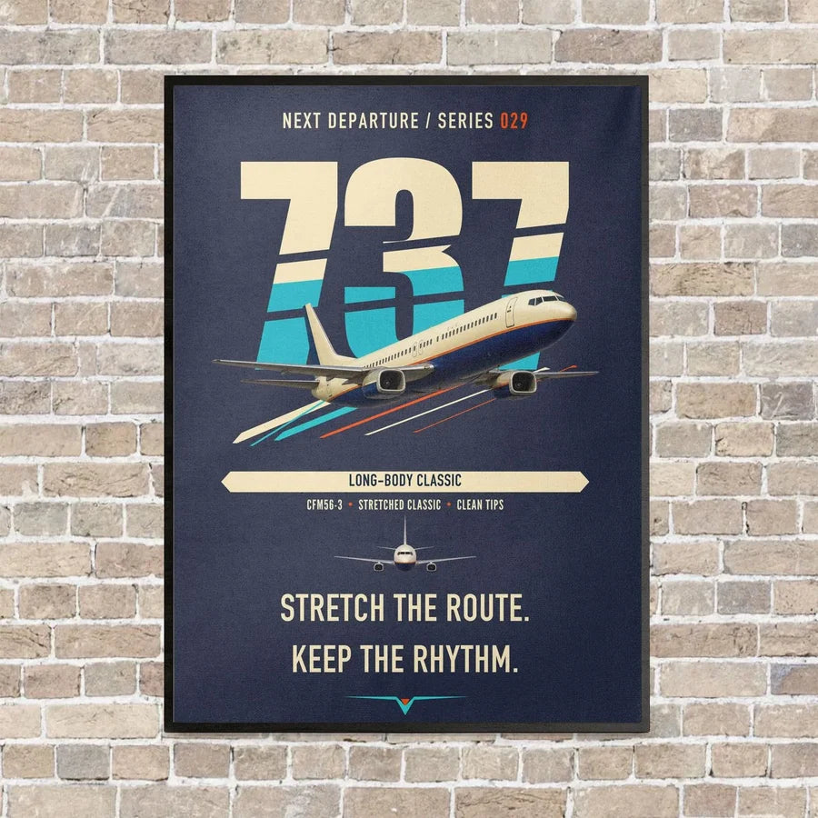 Boeing 737-400 Classic vertical canvas print - framed - navy blue background