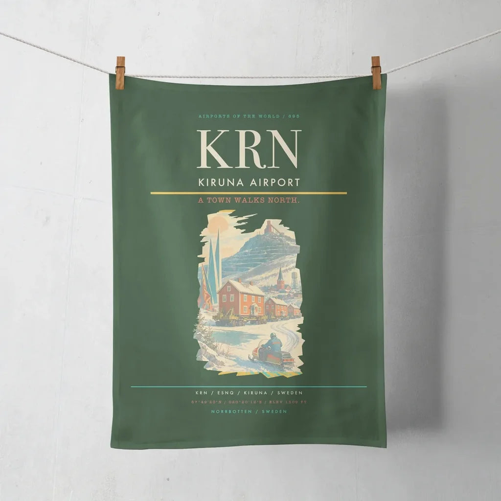 Kiruna Airport (KRN) design on dark green towel