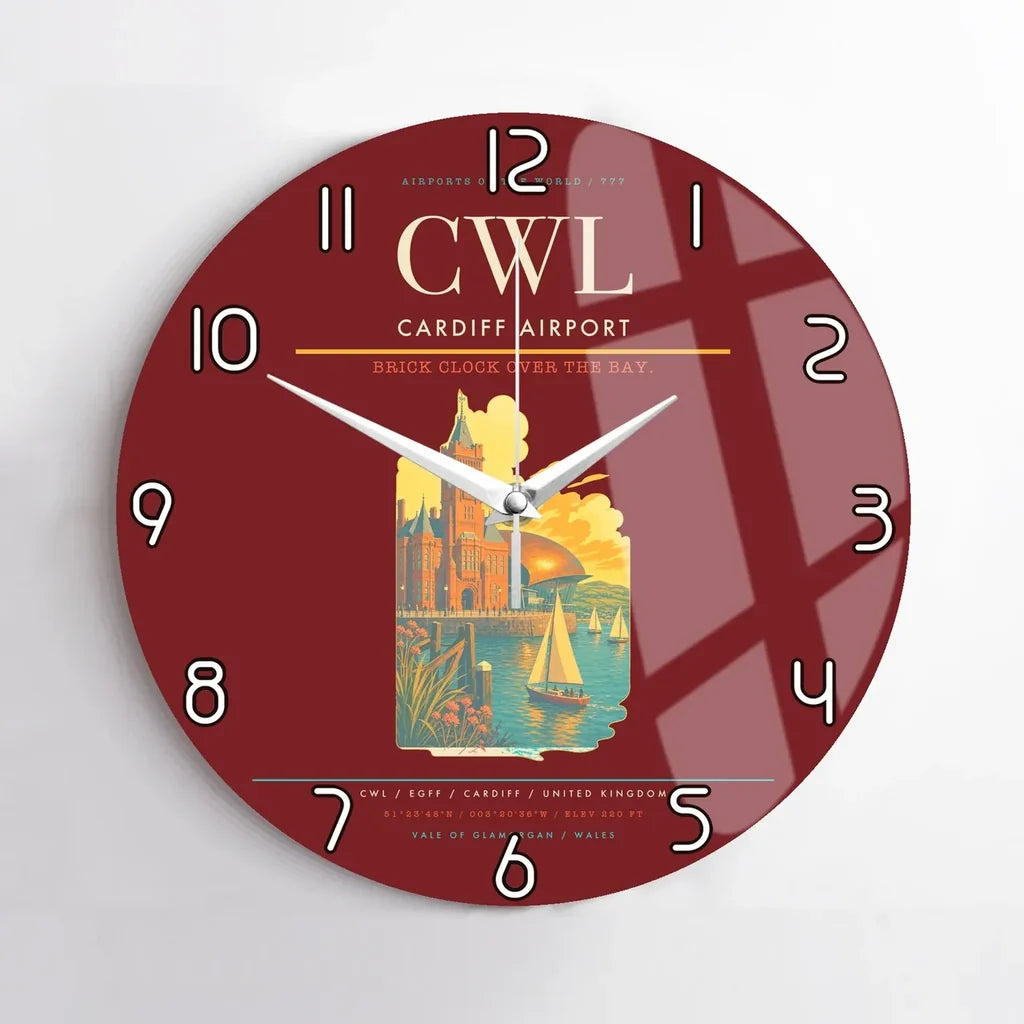 Cardiff Airport (CWL) design on dark red no frame wall clock