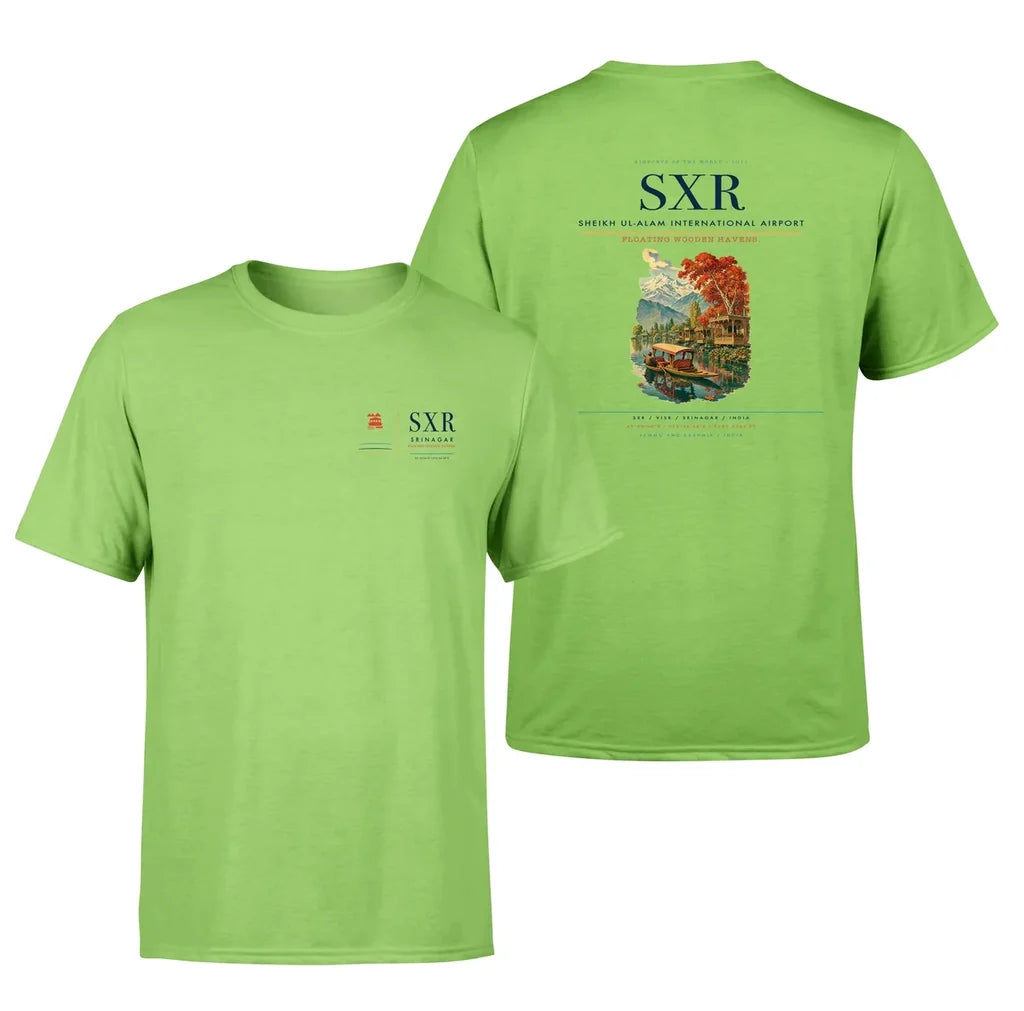 Sheikh ul-Alam International Airport (SXR) design printed on light green double-side t-shirt