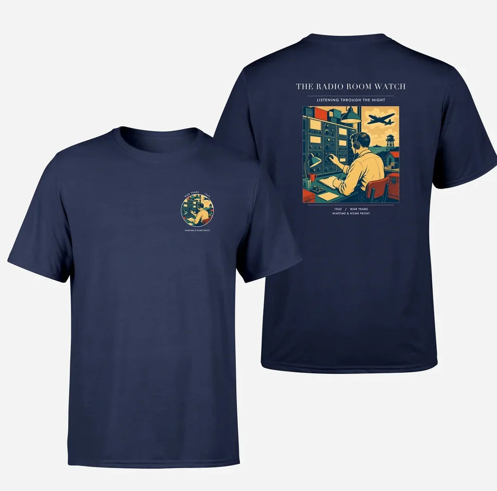 VINTAGE G4514 - The Radio Room Watch - Double-Side T-Shirt design on navyblue double side t shirt