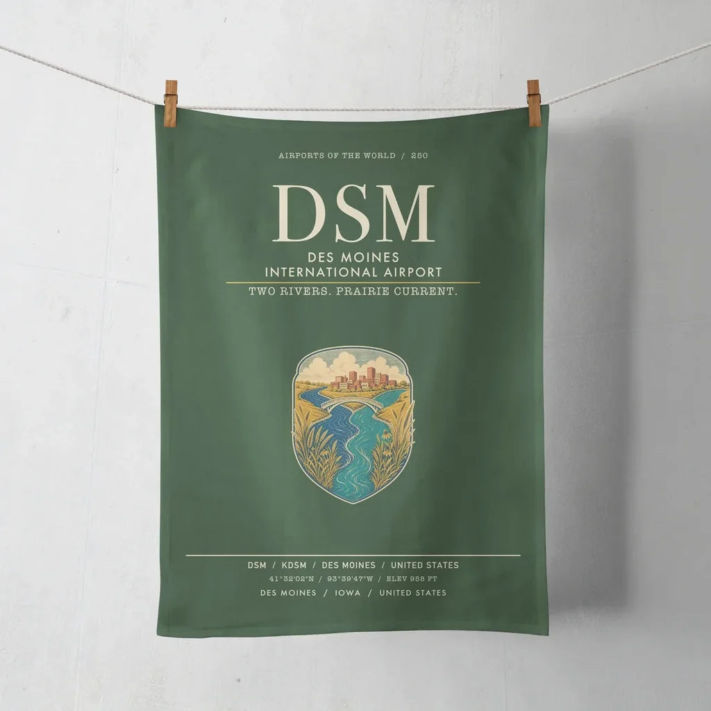 Des Moines International Airport (DSM) design on dark green towel