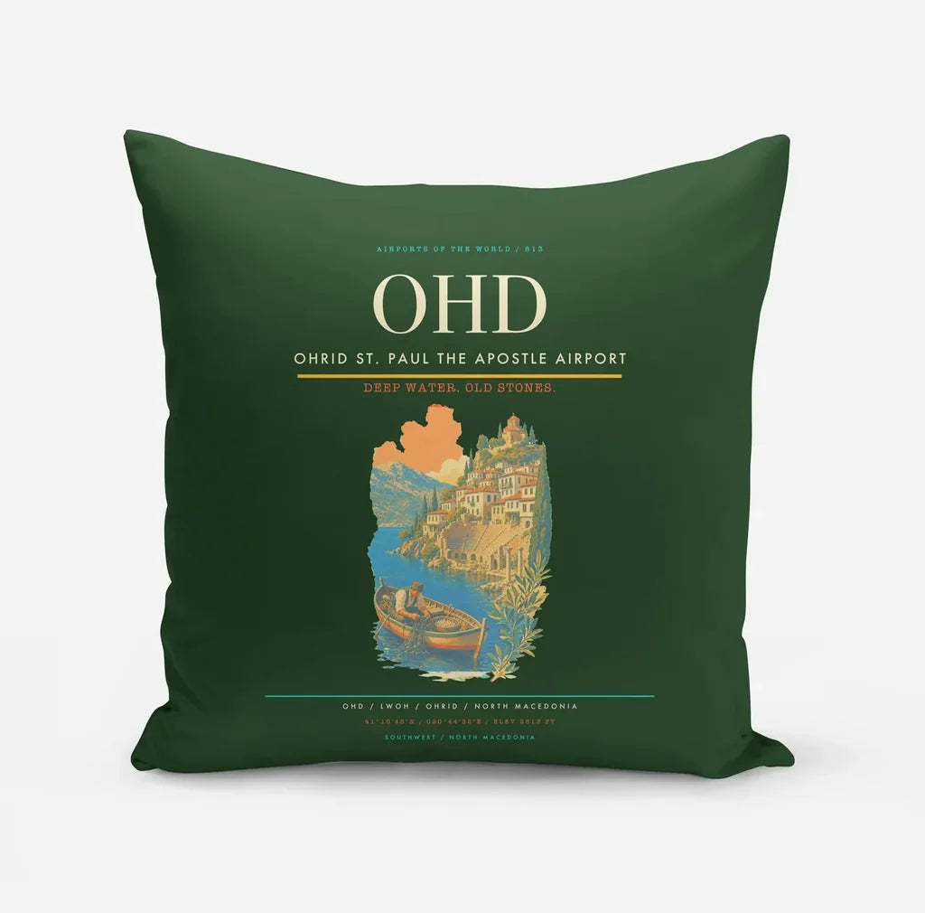 Ohrid St. Paul the Apostle Airport (OHD) design on dark green pillow