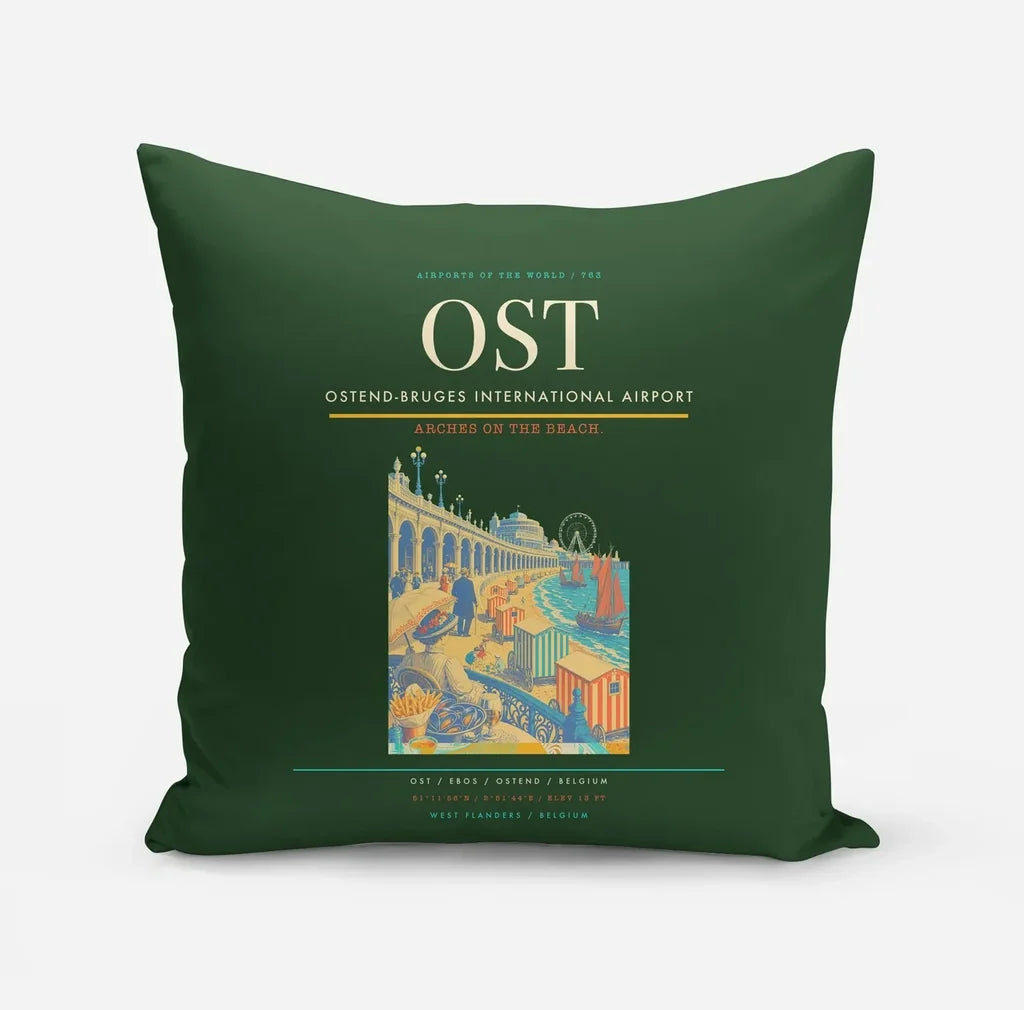 Ostend-Bruges International Airport (OST) design on dark green pillow