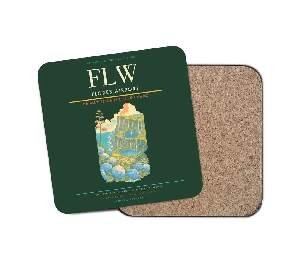 Flores Airport (FLW) design on dark green 1 piece coaster