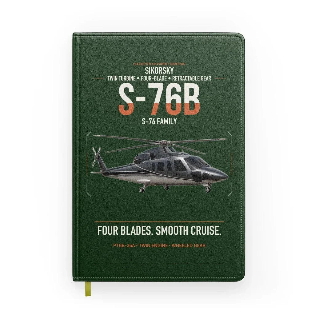 Sikorsky S-76B design on dark green notebook
