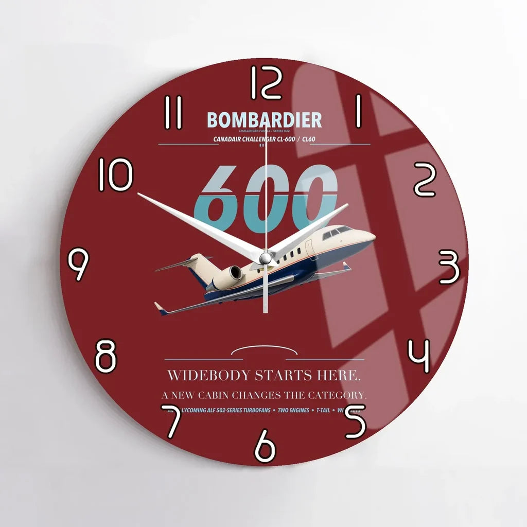 Bombardier Challenger 600 design on dark red no frame wall clock