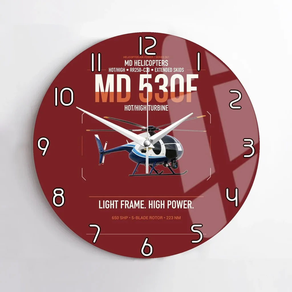 MD Helicopters MD 530F design on dark red no frame wall clock