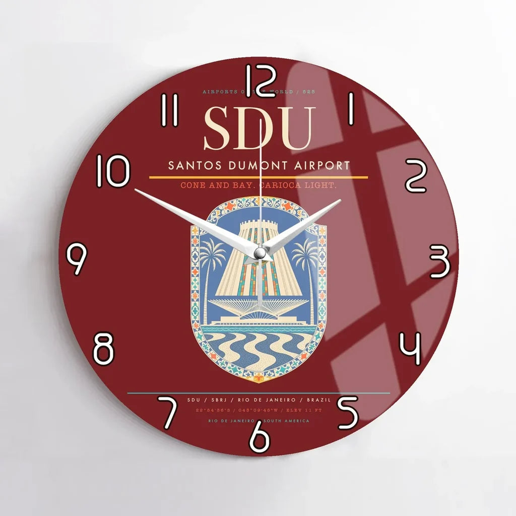 Santos Dumont Airport (SDU) design on dark red no frame wall clock
