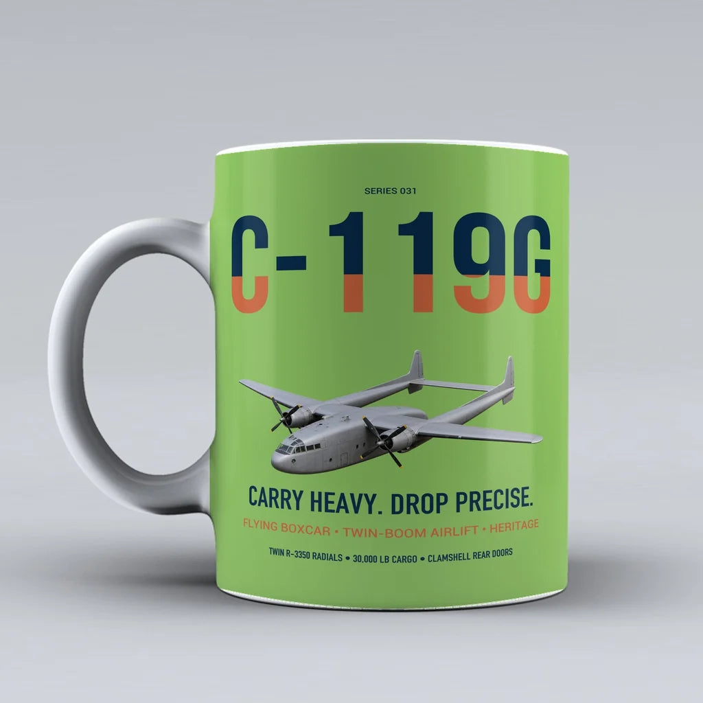 C-119G Flying Boxcar design on light green ceramic mug, double-side print