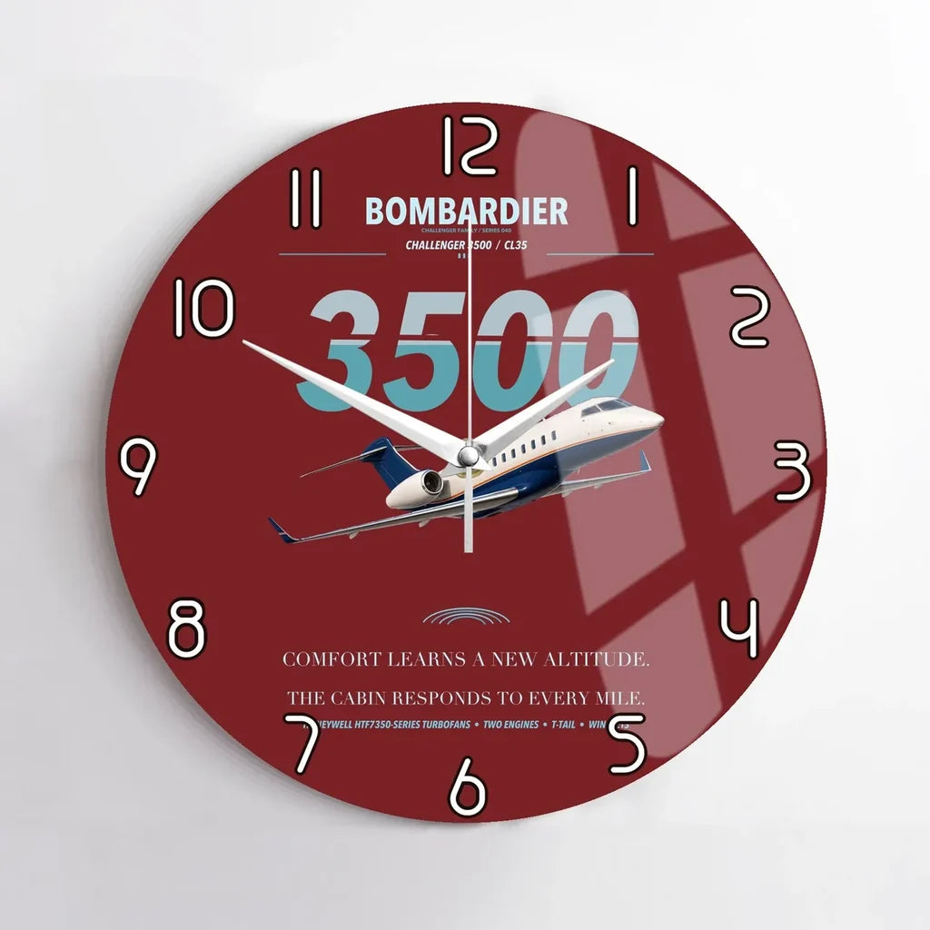 Bombardier Challenger 3500 design on dark red no frame wall clock