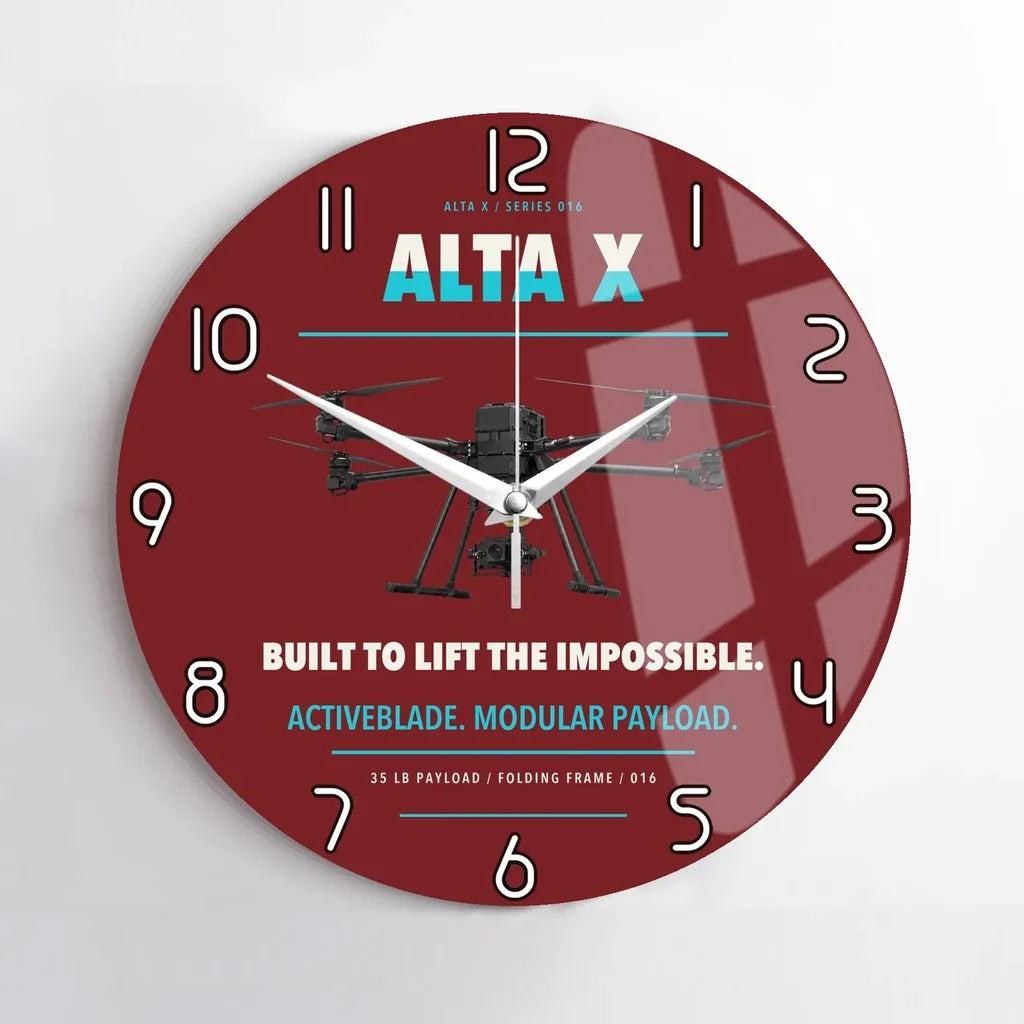 Freefly Alta X design on dark red no frame wall clock