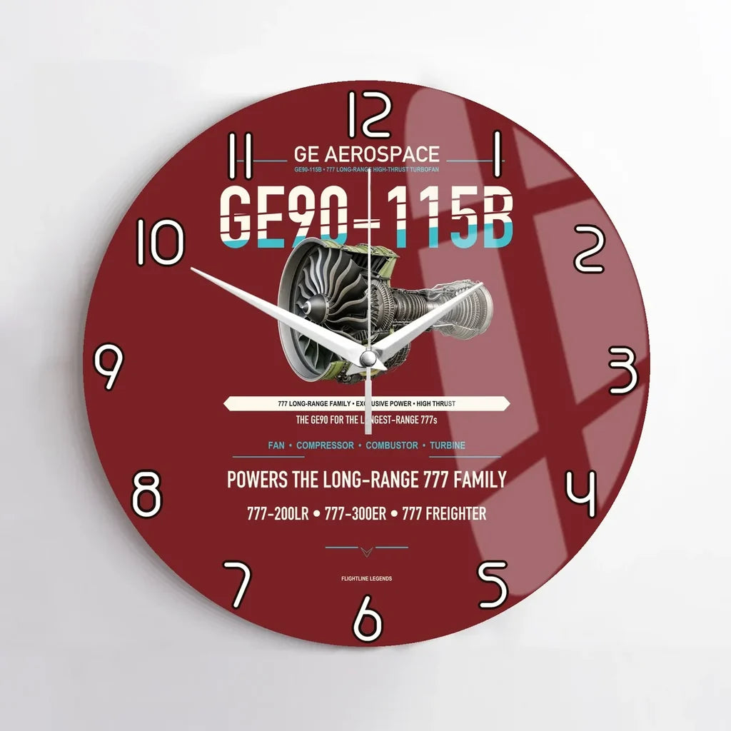 GE90-115B design on dark red no frame wall clock