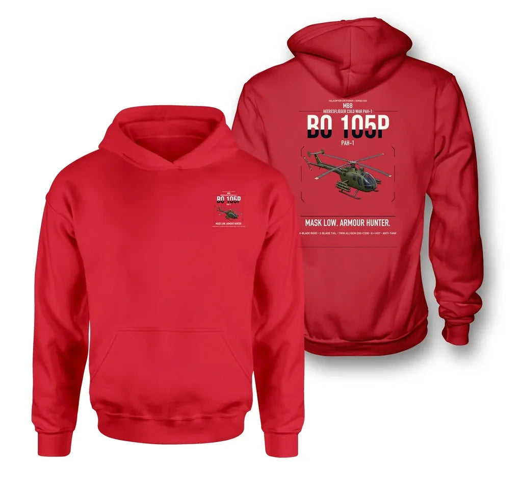 MBB BO 105P PAH-1 design on red double-side hoodie, double-side print