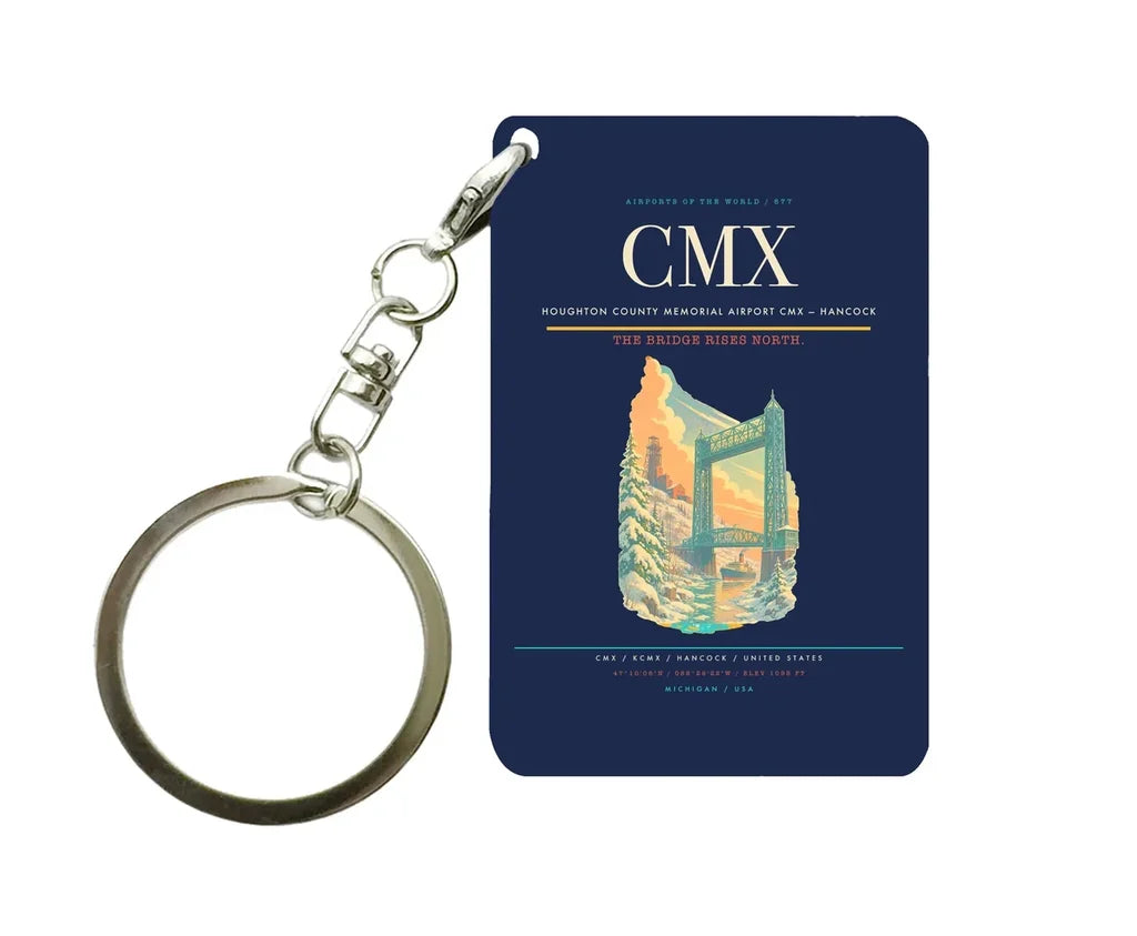 Houghton County Memorial Airport (CMX) design on navy blue key chain